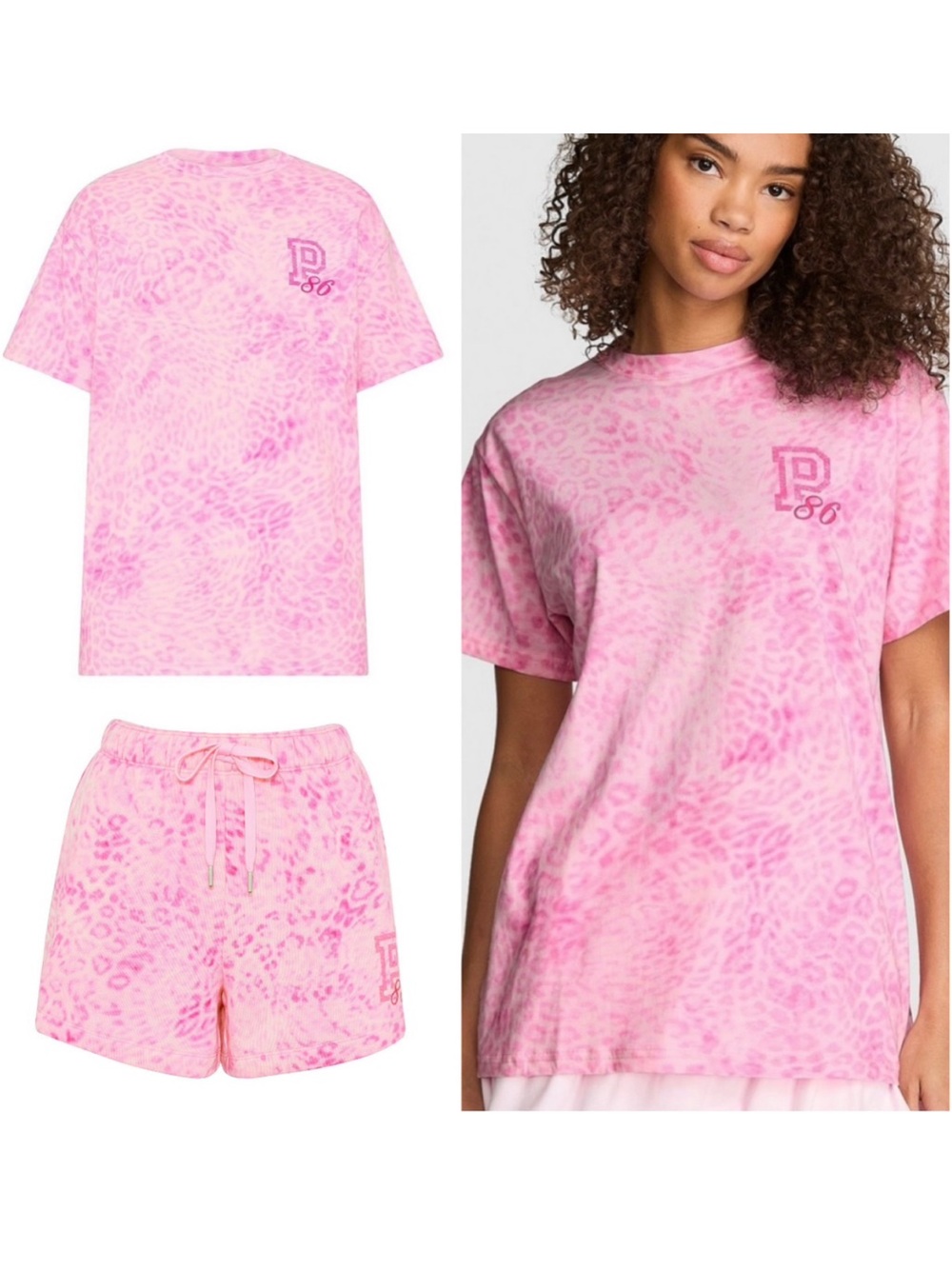 🐆PINK VICTORIA’S SECRET Campus Cotton Oversized Tee Fleece Shorts Pink Leopard L